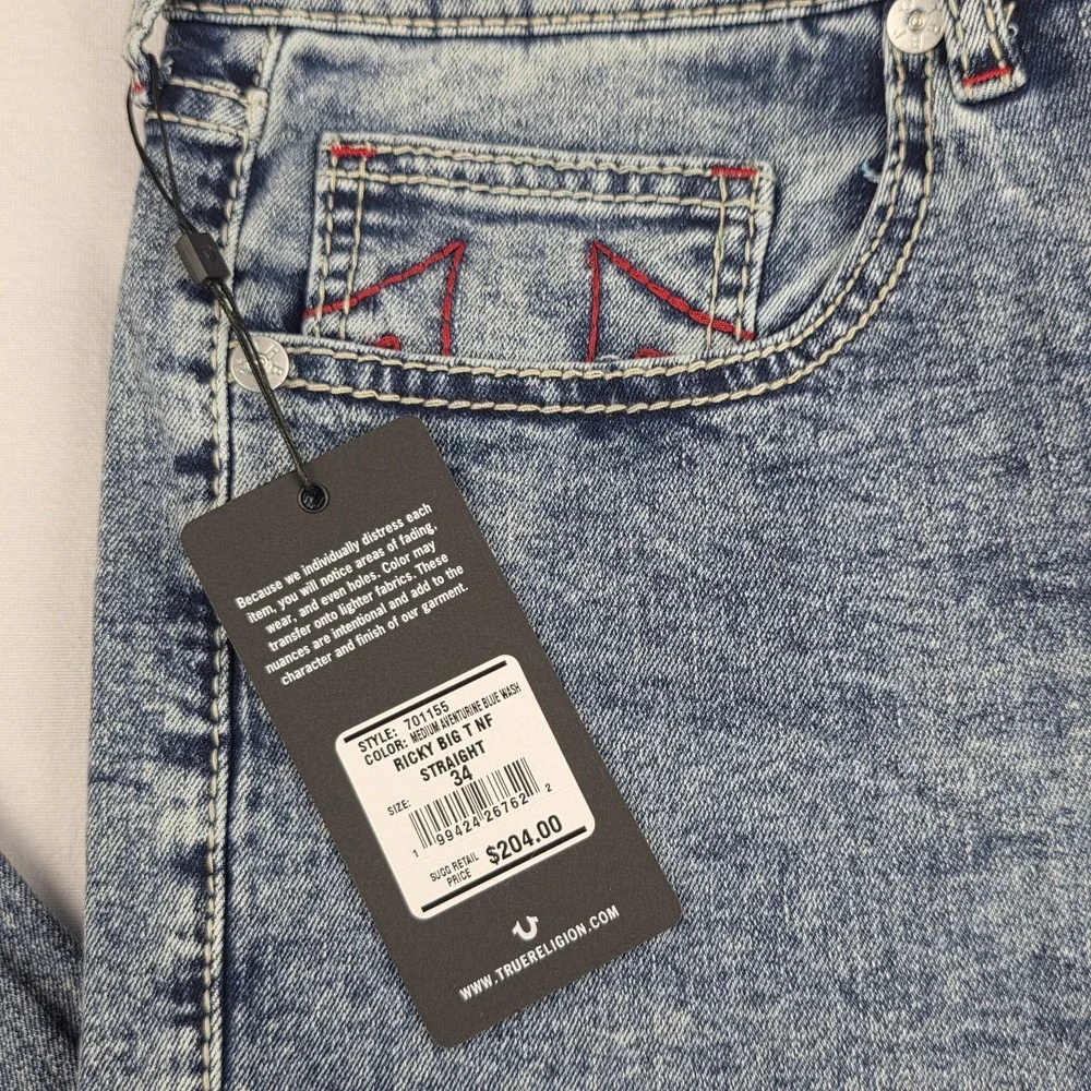 True Religion Jeans Mens 34 Ricky Big T Relaxed Straight Medium Aventurine Blue